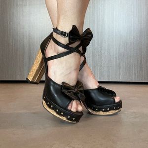 Black Wraparound Platform Heels with Bows Size 41